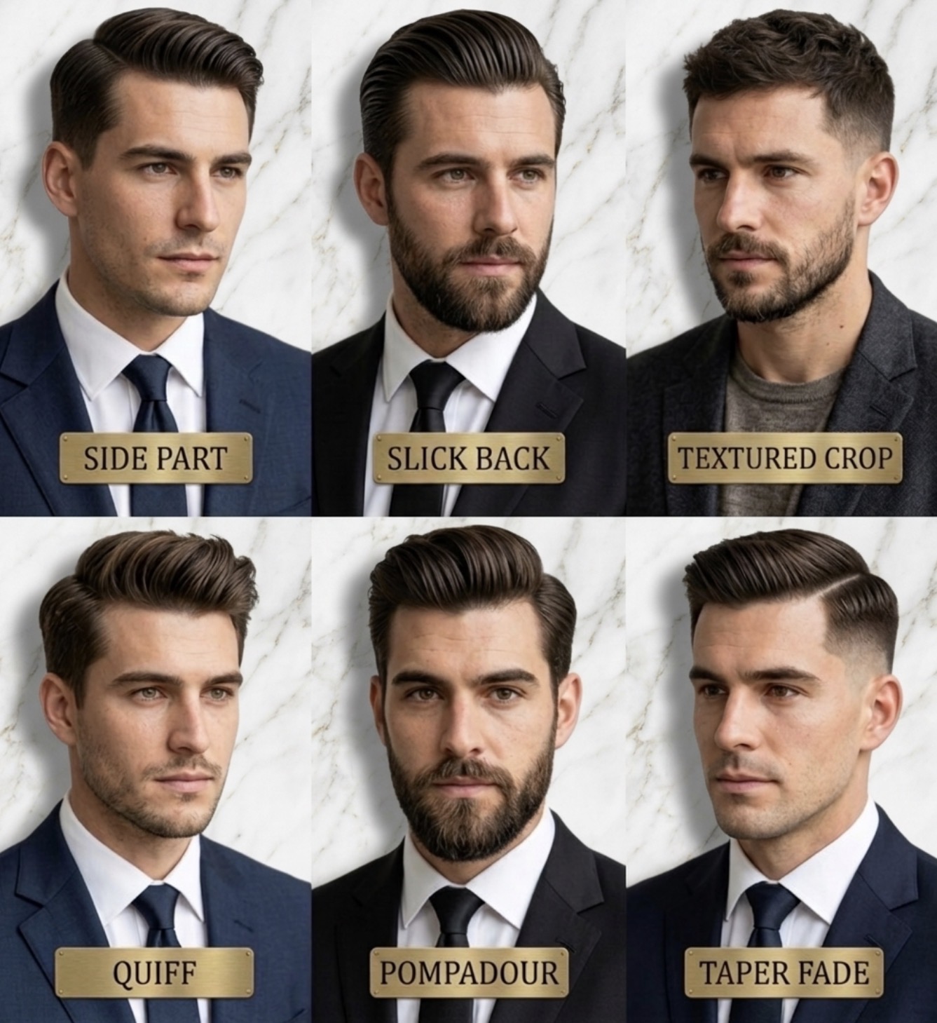 Classic haircut inspiration: side part, slick back, textured crop, quiff, pompadour, and taper fade
