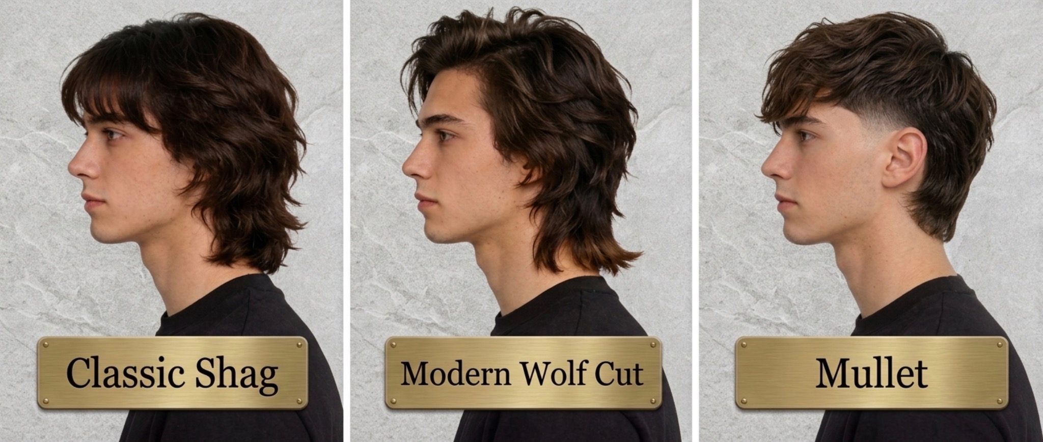 Longer haircut inspiration showing a classic shag, modern wolf cut, and mullet