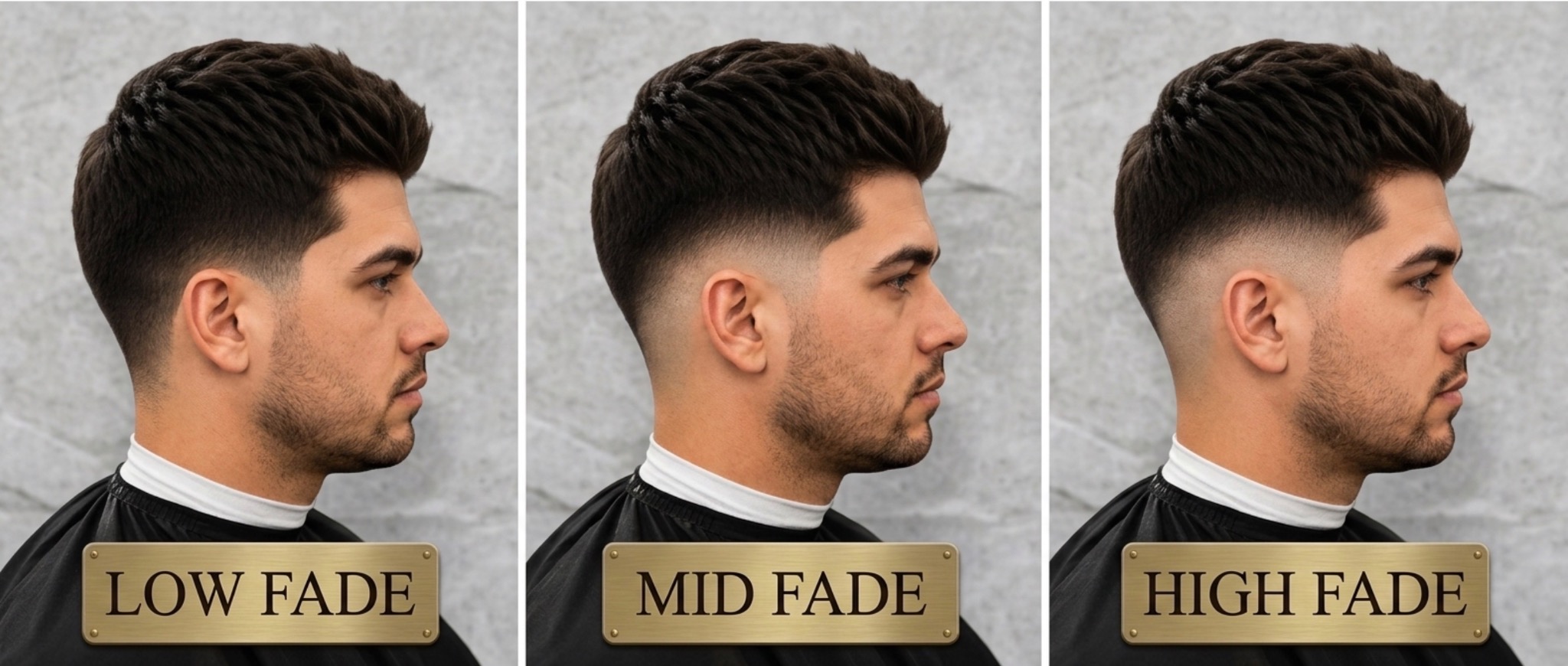 Side-by-side hairstyle examples comparing low, mid, and high fades